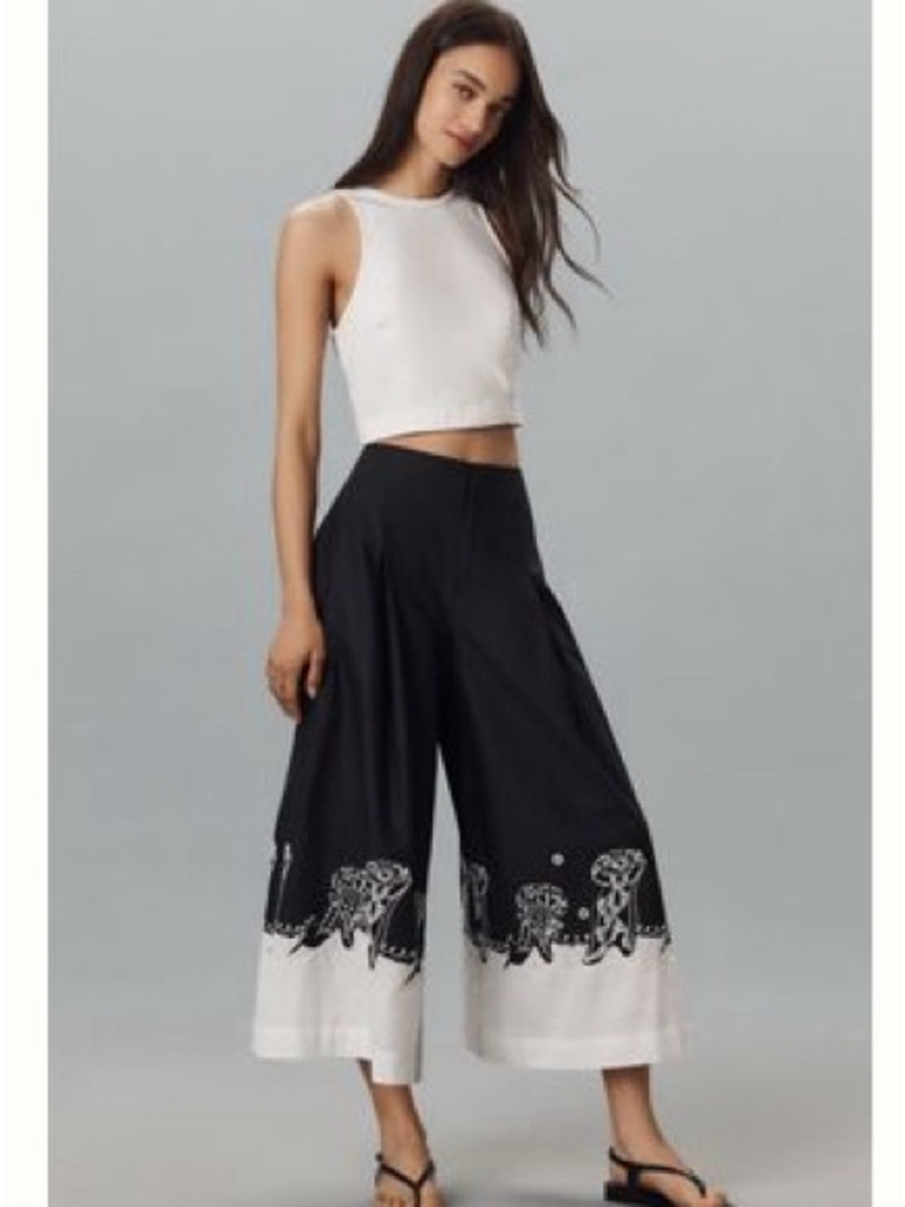 Maeve Black Wide-Leg Cropped Pants with White Embroidered Hem